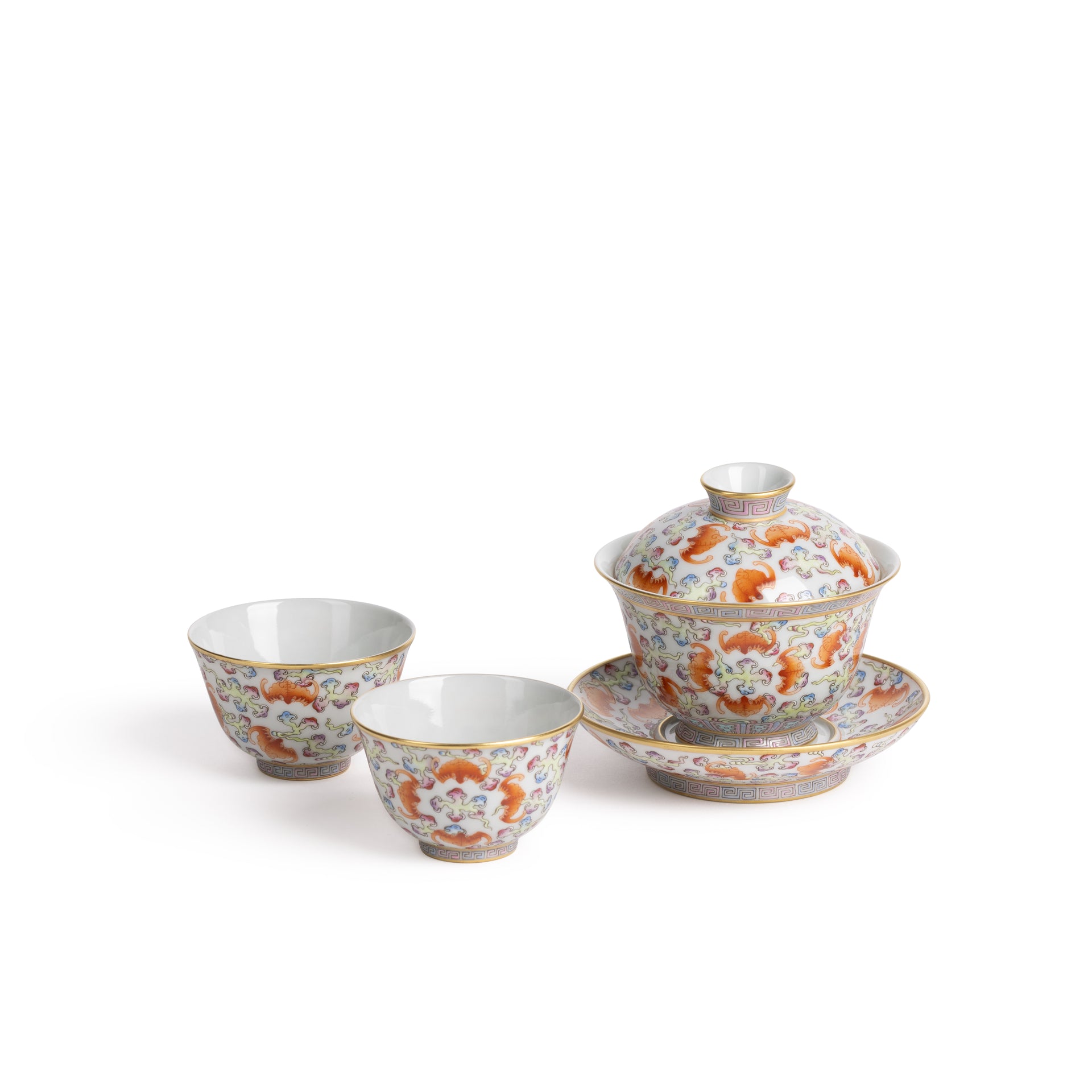 粉彩描金雲福蓋碗連對杯