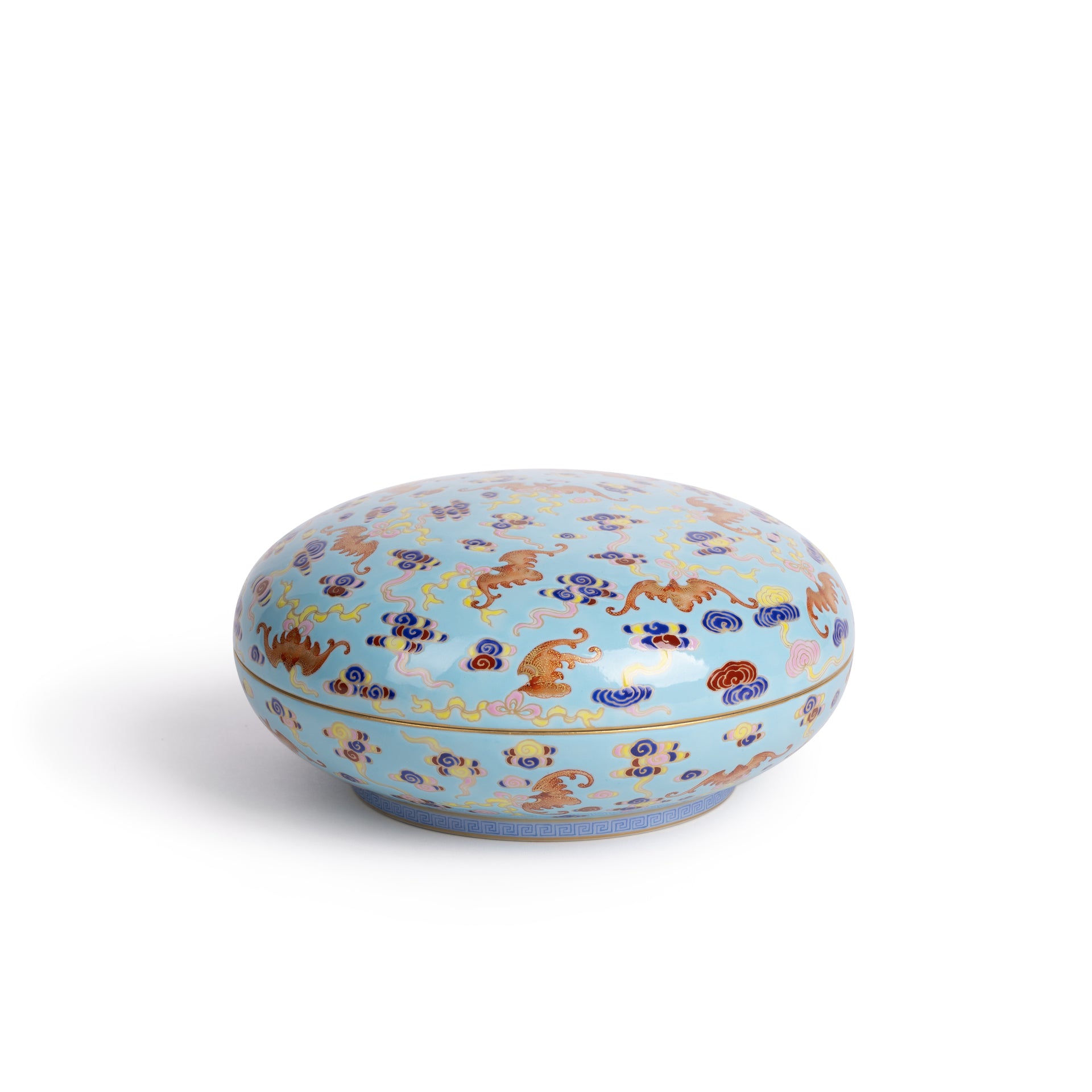 松石綠地粉彩雲蝠描金普洱茶餅盒