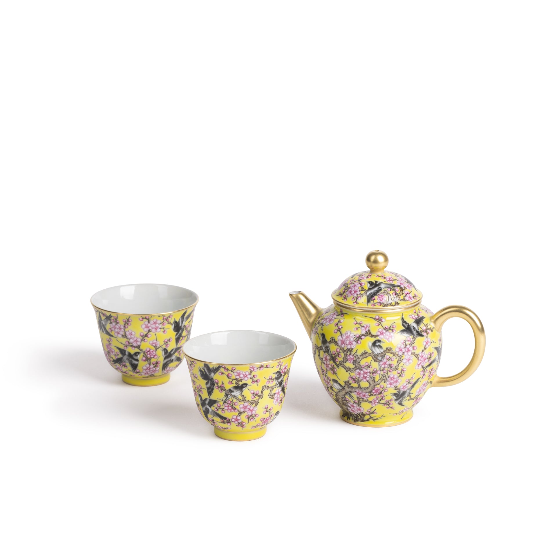 黄地描金喜上眉梢金茶壺連對杯