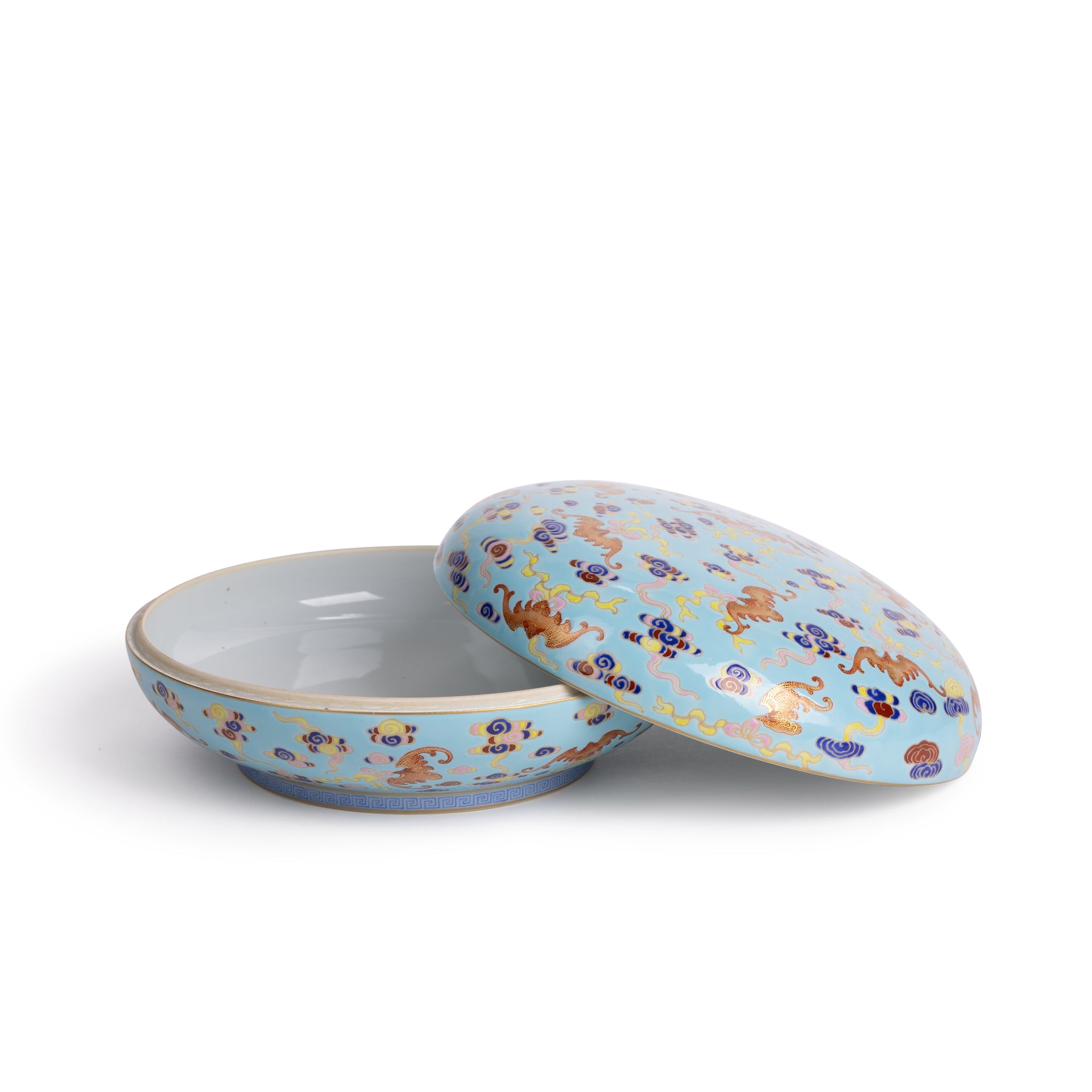 松石綠地粉彩雲蝠描金普洱茶餅盒