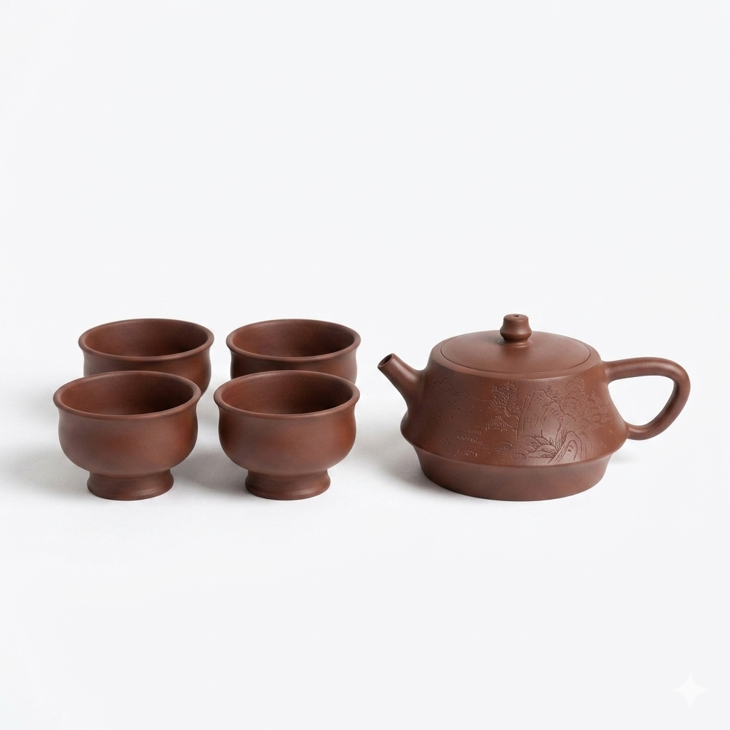 井欄山水紫砂茶具套裝 (一壺四杯)