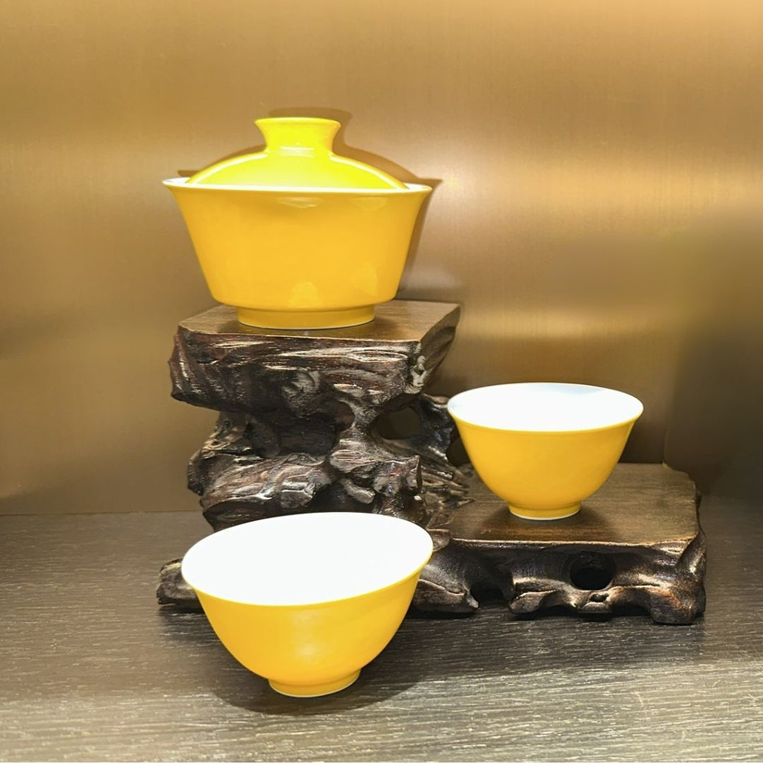高溫單色釉蓋碗連對杯 (黄)