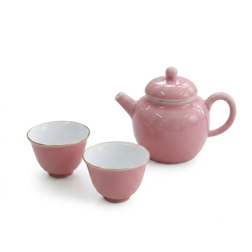 粉紅釉茶具套裝 (一壺兩杯)