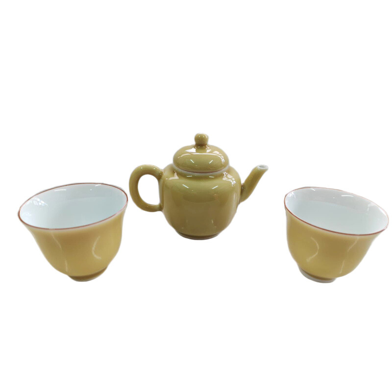粉黃釉茶具套裝 (一壺兩杯)