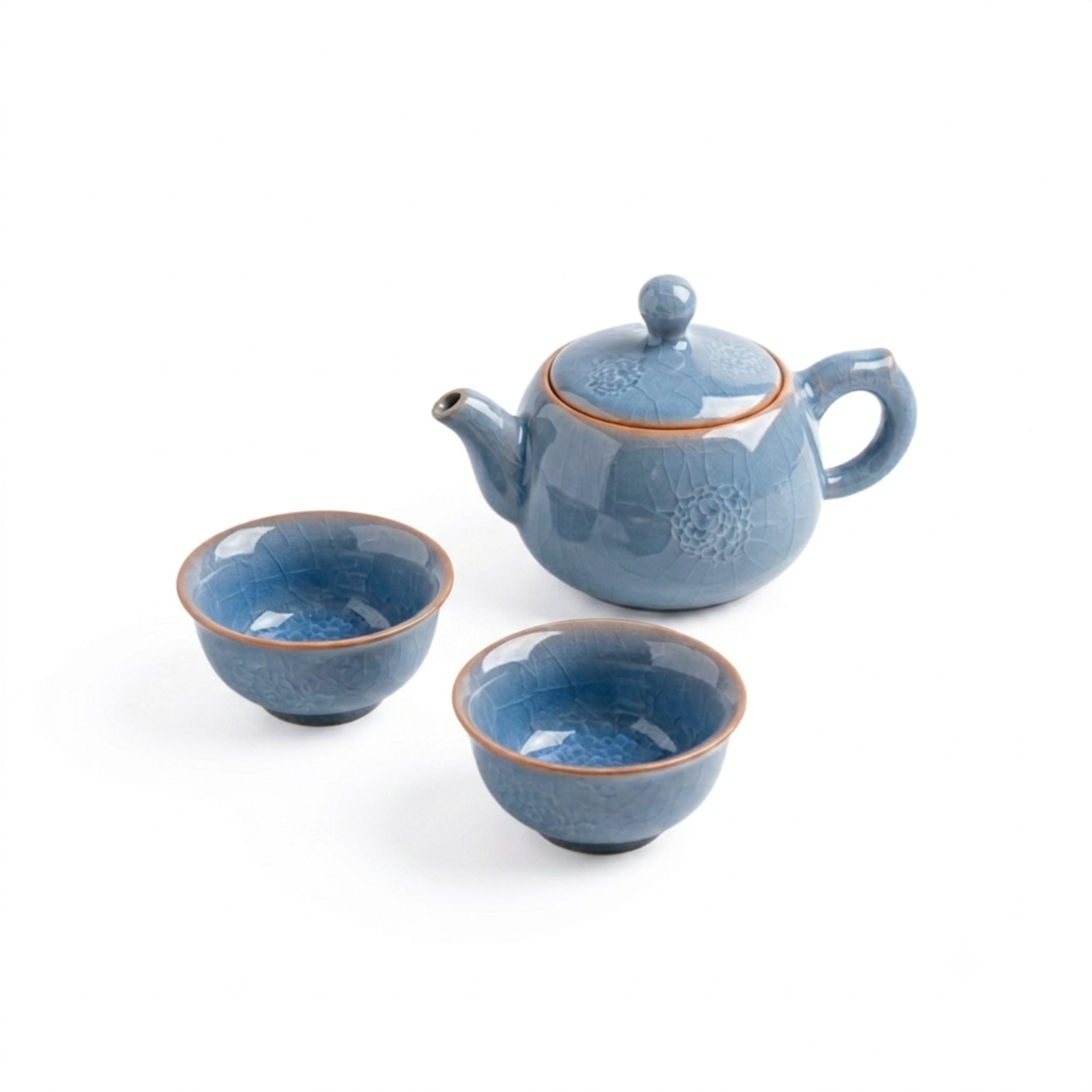 Ice-Blue Floral Teaware Set (Teapot with Pair of Tea Cups)